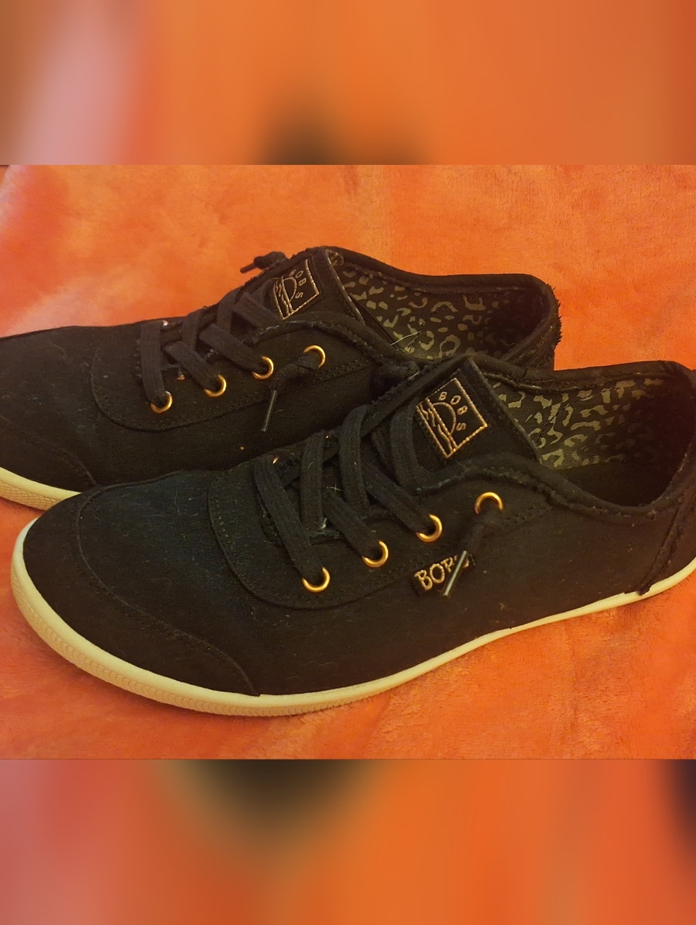 ♡BOBS♡ from Skechers Black Slip-On Canvas Sneakers with Gold Accents